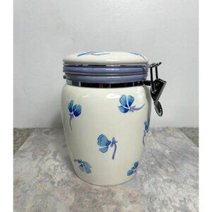 Vintage Inspirado Stonelite Seattle USA Floral Canister Cookie Jar in White/Blue